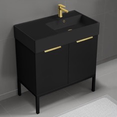 Black Bathroom Vanity, 32 inch, Modern, Matte Black, Free Standing, Gold Handles